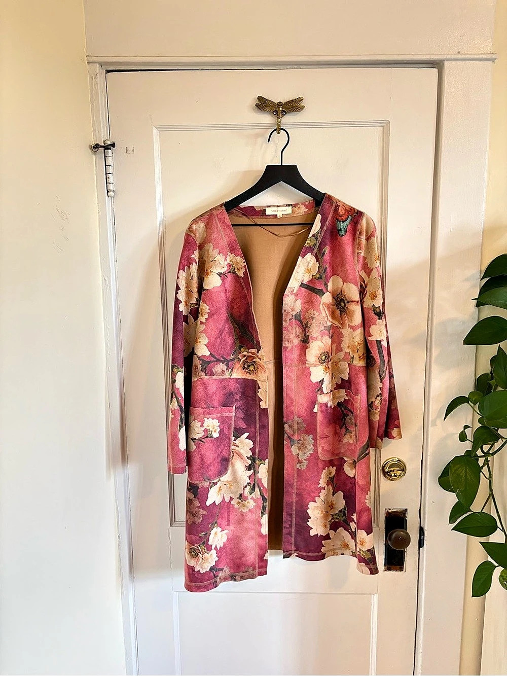 Solitaire Anthropologie Floral Butterfly Faux Suede Duster Jacket Kimono Large